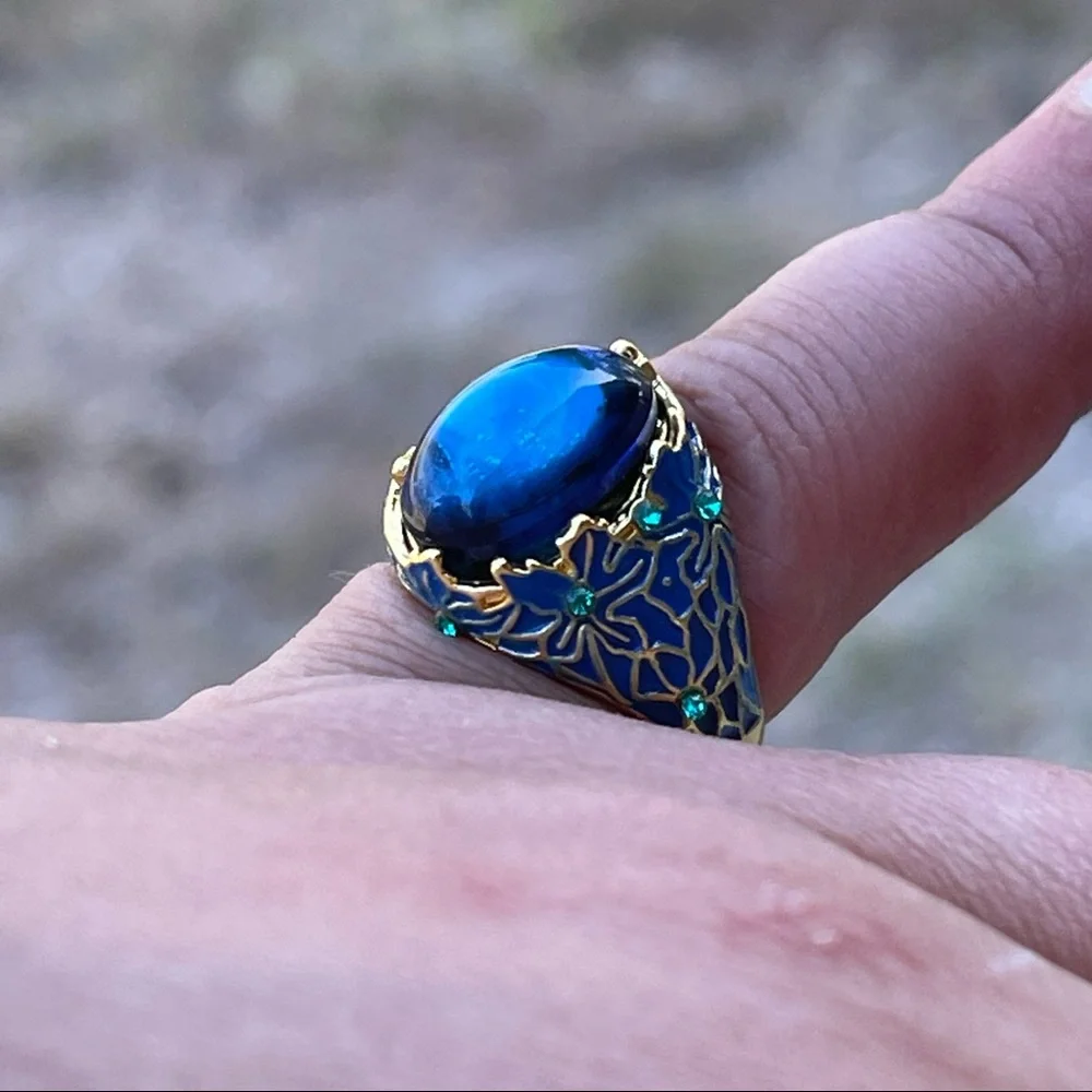 Blue fashion stone w/blue & gold enamel floral cloisonné ring w/rhinestones - Picture 3 of 7